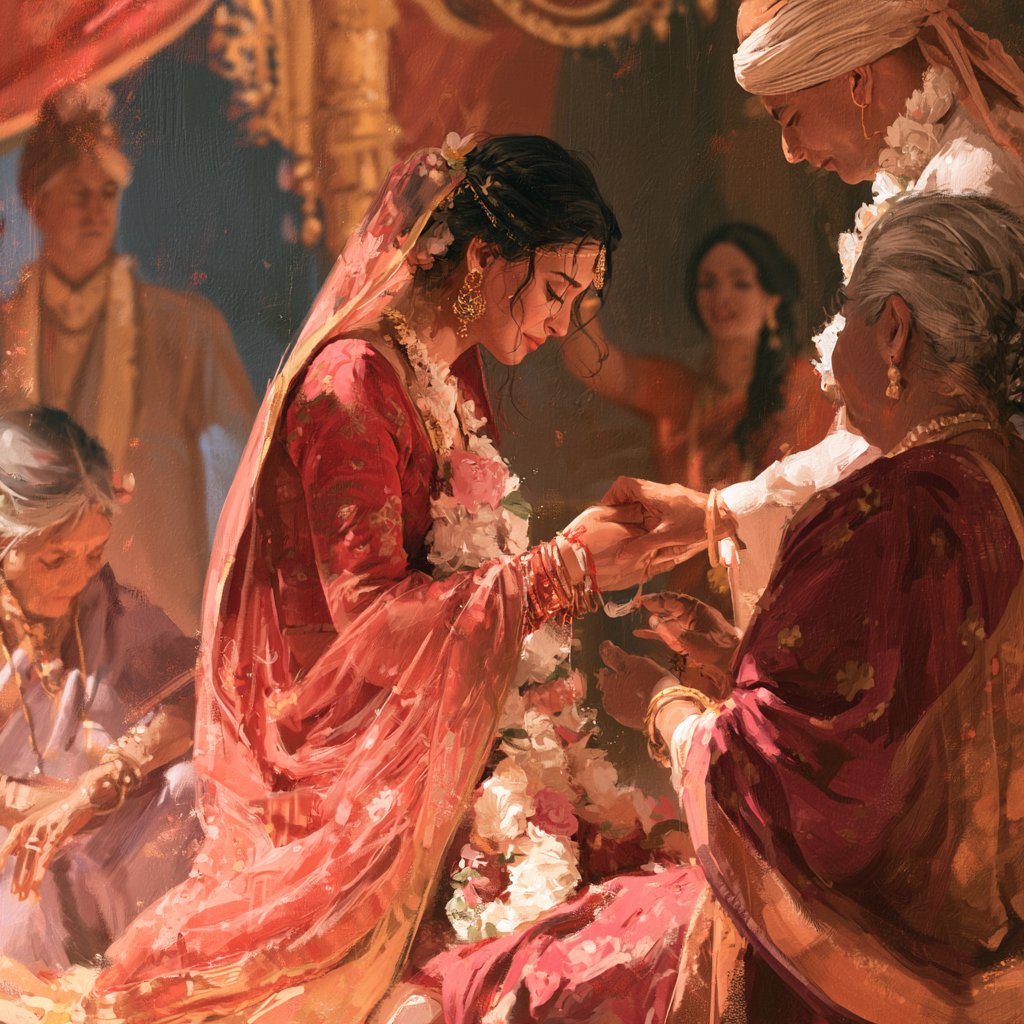 A realistic scene of an Indian wedding showing the emotions of the adult bride and her adult family members — Midjourney V8.2