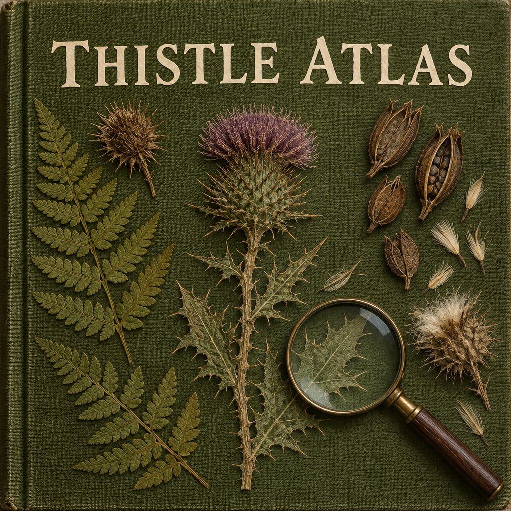 Pressed fern fronds, seed pods, and a magnifying lens frame a naturalist’s field-guide book cover on moss-green cloth; “THISTLE ATLAS” spans the upper third in hand-cut ivory serif capitals, with no other legible writing. — GPT Image 2.5 Flare