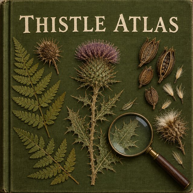 Pressed fern fronds, seed pods, and a magnifying lens frame a naturalist’s field-guide book cover on moss-green cloth; “THISTLE ATLAS” spans the upper third in hand-cut ivory serif capitals, with no other legible writing. — Model 3