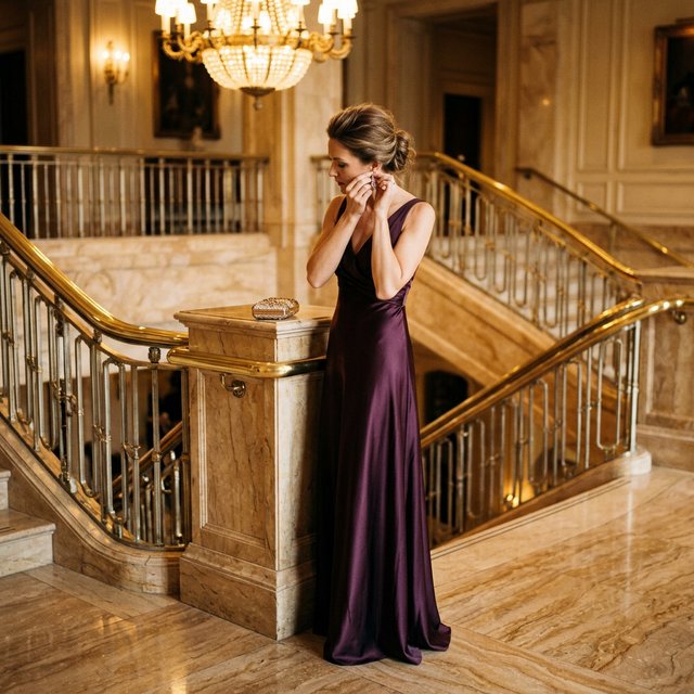 At the landing of a marble staircase, an adult woman in a plum evening gown pauses to fasten an earring, caught in warm chandelier light; polished brass rails and soft shadows lend the scene the poise of a fashion magazine. — Nano Banana 2.1