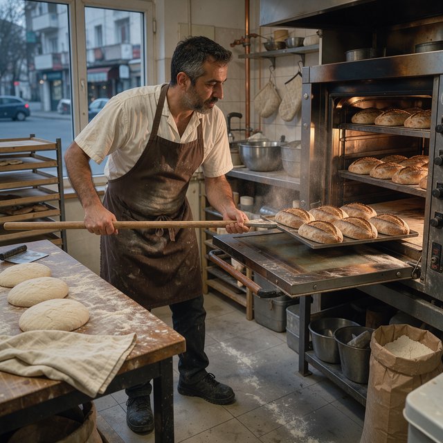 Candid documentary photograph of an adult baker sliding a tray of bread into a neighborhood bakery oven, warm oven glow mixing with gray dawn window light, 35mm lens with moderate depth of field, flour dust suspended above the workbench. — FLUX 3 Image