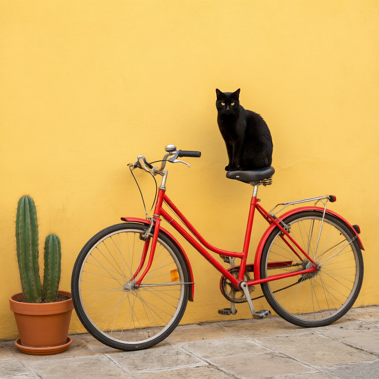 A red bicycle leaning against a yellow wall, a black cat sitting on the bicycle's saddle, a small potted cactus to the left of the bicycle. — Qwen Image 3.0