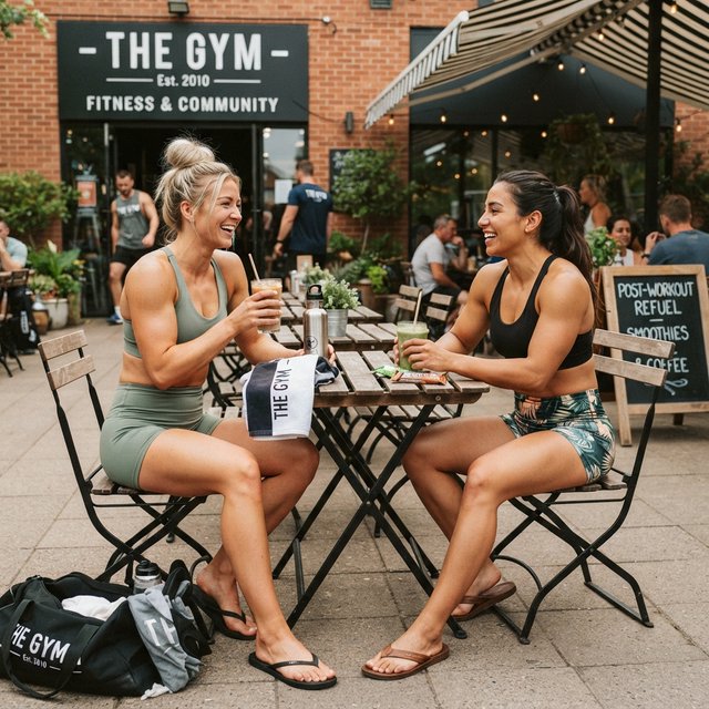 Two muscular adult women in their twenties, one Caucasian blonde and one Latina, sit at an outdoor café table beside a gym after their workout. They wear tight workout shorts, sports bras, and flip-flops. — Nano Banana 2 Lite
