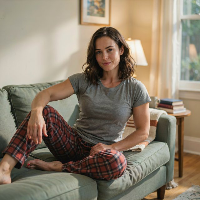 A 28-year-old, 6-foot-tall woman with wavy brunette hair falling just past her shoulders, olive skin, an oval face with soft angular cheekbones, and striking deep green eyes. She has a hyper-muscular, athletic physique built from intense heavy weightlifting and CrossFit — broad shoulders, defined arms, a strong back, and visible core and leg muscle definition — giving her a powerful, statuesque build. Her expression is relaxed and at ease. She lounges comfortably on a couch in her living room, wearing a soft fitted t-shirt and plaid pajama pants, barefoot with red-painted toenails. Warm evening lamp light, cozy lived-in living room background with a throw blanket and a few books on a side table, soft natural shadows, skin texture. — Ideogram v4.5