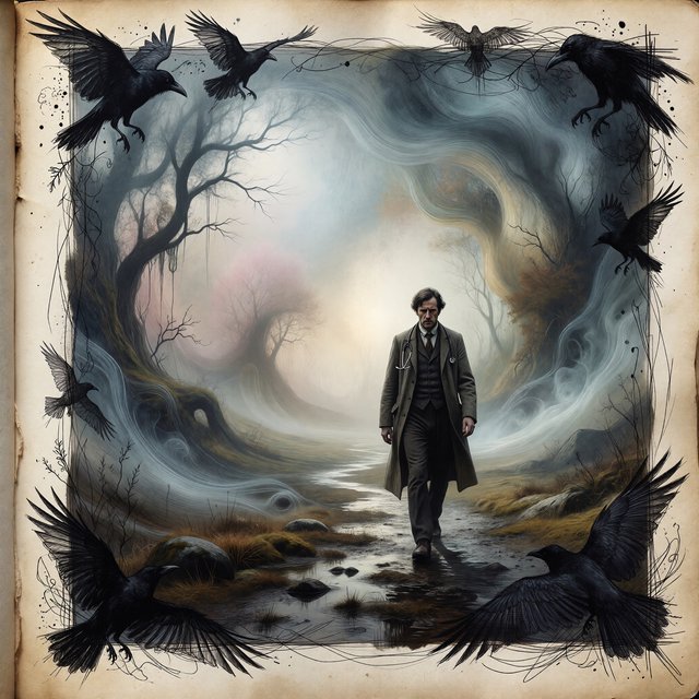 Walking in a dream, with ravens scribbled along the edges, a doctor on a house call — ImagineArt 1.5 Pro