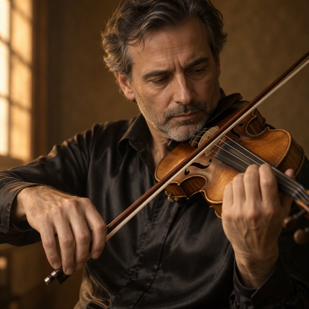 With a violin tucked close, an adult man in his early 50s draws a bow, his hands prominent, wearing a charcoal silk shirt; his intent expression is framed against a warm umber backdrop in soft amber window light, in a close portrait photograph. — GPT Image 2.5 Sunburst