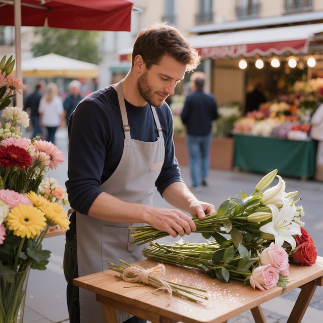 Candid documentary photograph of an adult florist arranging loose stems at an outdoor market stall, soft early-morning side light, 50mm lens with shallow depth of field, tiny water droplets beading on the cut leaves. — Kling v3
