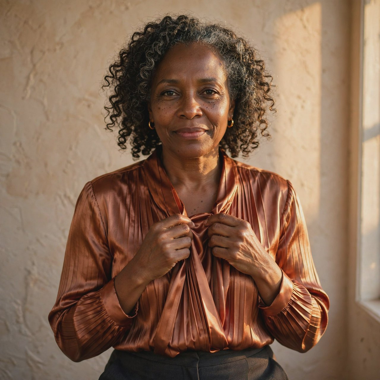 Portrait of an adult Black woman in her 50s wearing a pleated copper satin blouse and tailored charcoal trousers, her hands gently holding the blouse fabric, calm half-smile, warm plaster backdrop, late-afternoon window light grazing her face. — Muse Image 1.0