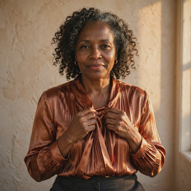 Portrait of an adult Black woman in her 50s wearing a pleated copper satin blouse and tailored charcoal trousers, her hands gently holding the blouse fabric, calm half-smile, warm plaster backdrop, late-afternoon window light grazing her face. — Muse Image 1.0