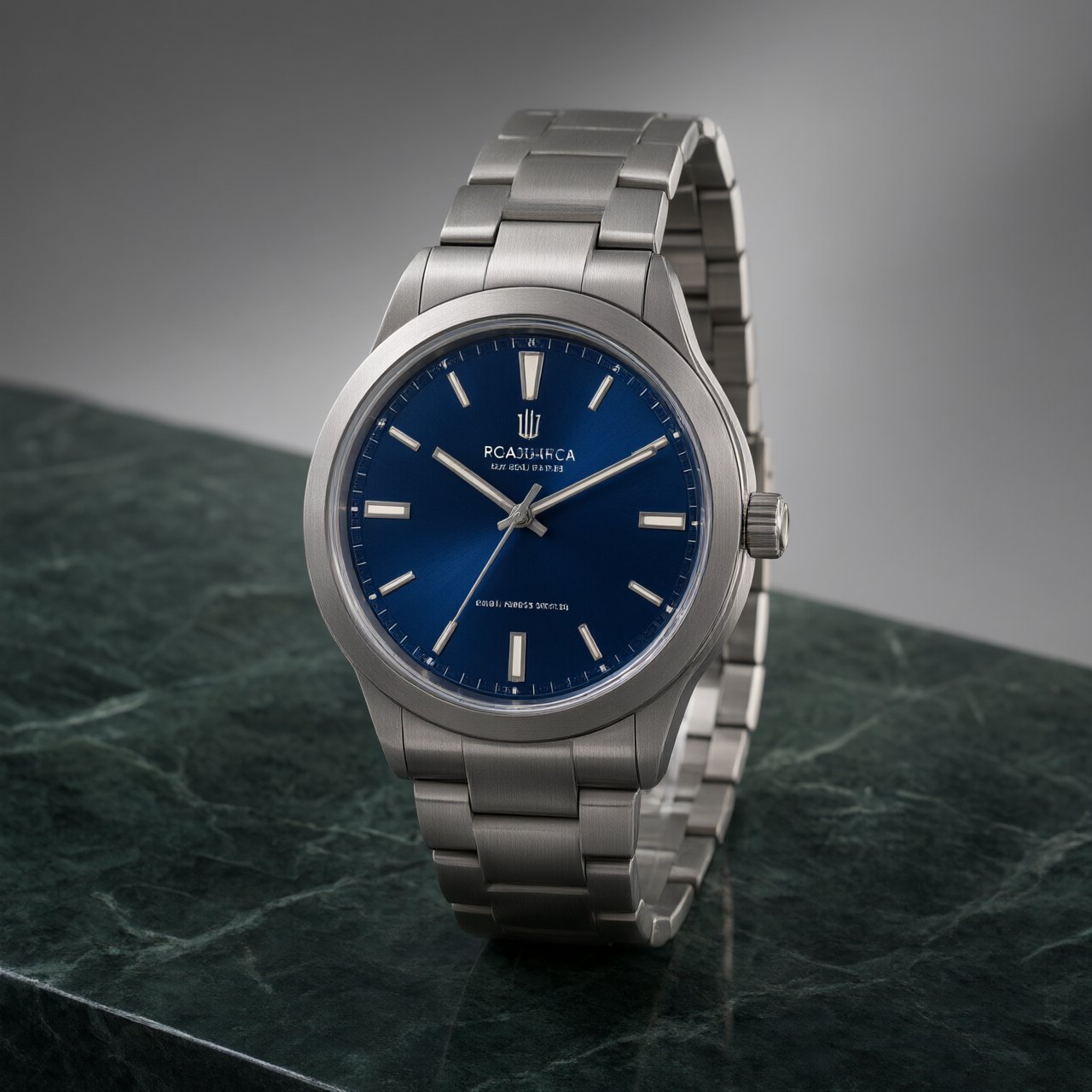Commercial product photograph of an unbranded mechanical wristwatch with a brushed titanium case and deep blue enamel dial, resting on dark green marble against a soft gray background, illuminated by a large diffused softbox and narrow edge light. — Qwen Image 3.0