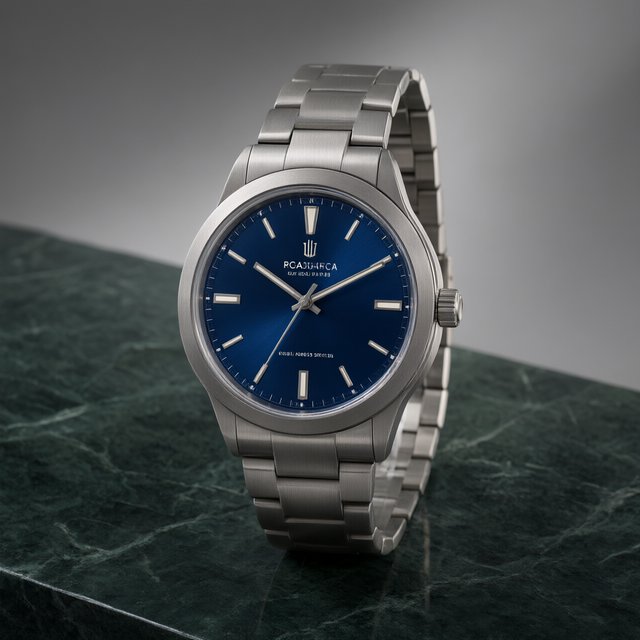 Commercial product photograph of an unbranded mechanical wristwatch with a brushed titanium case and deep blue enamel dial, resting on dark green marble against a soft gray background, illuminated by a large diffused softbox and narrow edge light. — Qwen Image 3.0