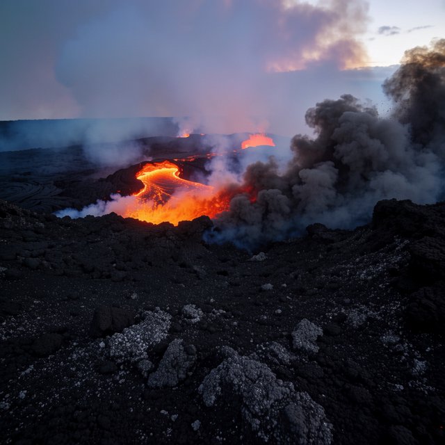 Fresh lava threads a black cinder plain on a volcanic island at dusk beneath ash-laden wind; blistered crust and brittle pumice in the foreground give way to glowing fissures fading into smoke. — Krea 2 Medium