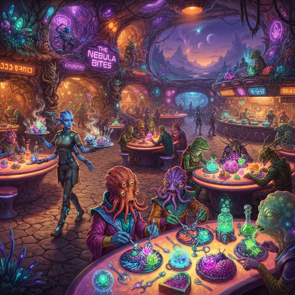 An alien restaurant on a strange planet. The interior is well lit, but the décor is very strange and out of this world. Alien waitresses are bringing in platters of food. Alien diners are eating very unusual dishes. — Nano Banana 2 Lite