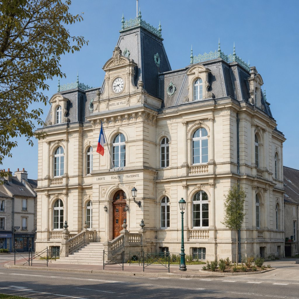 Exterior of a French Second Empire town hall with pale limestone, a dark mansard roof, copper cresting, and tall arched windows; clear spring light falls across the entrance terrace, viewed from the quiet street corner, precise lines and believable construction. — GPT Image 2