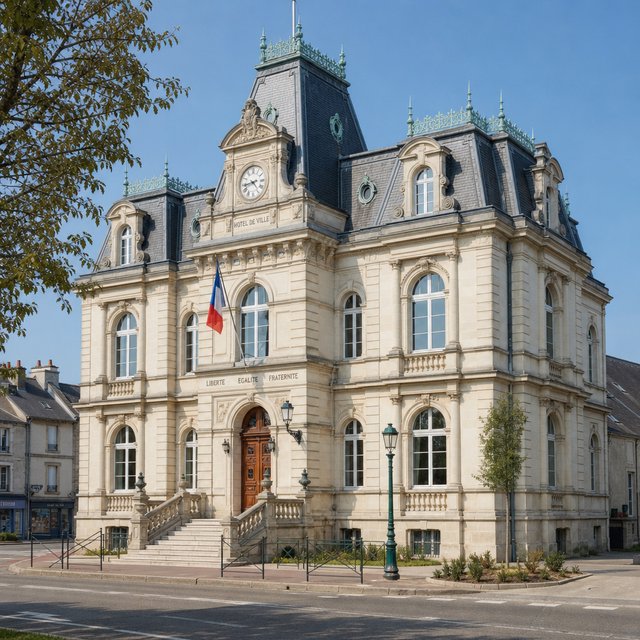 Exterior of a French Second Empire town hall with pale limestone, a dark mansard roof, copper cresting, and tall arched windows; clear spring light falls across the entrance terrace, viewed from the quiet street corner, precise lines and believable construction. — GPT Image 2