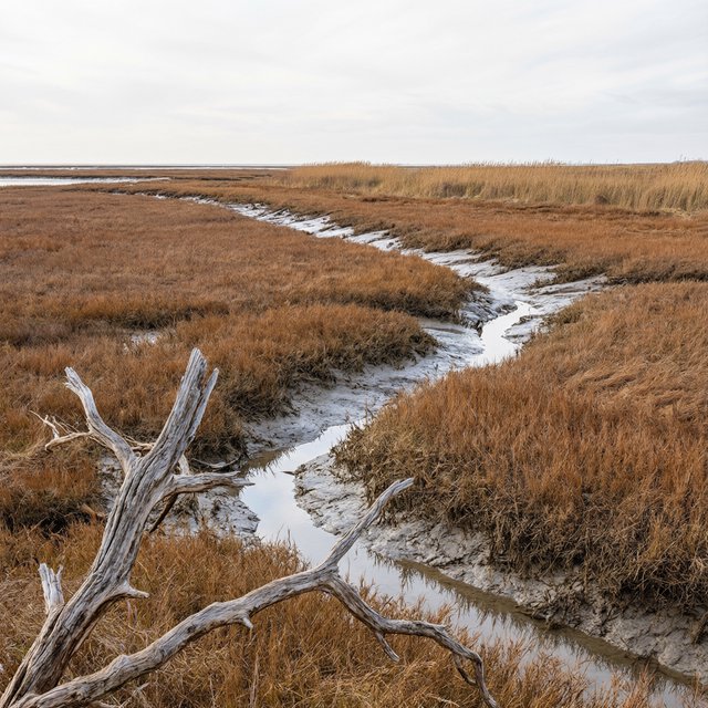 An expansive salt marsh at low tide under a pale overcast afternoon, winding channels reflecting silver sky between russet grasses, a weathered driftwood branch in the foreground, distant reeds and receding mud ridges revealing layered depth and wet natural texture. — Qwen Image 3.0 Pro