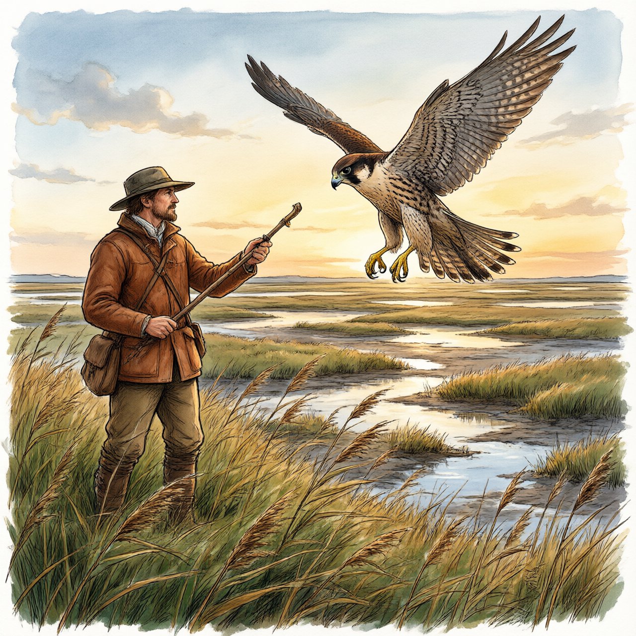 Ink-and-gouache illustration of an adult falconer releasing a hawk above a salt marsh, reeds bending in the wind and tidal pools catching sunset. Palette of rust, moss green, pale gold, and slate blue, with lively brushwork. — Qwen Image 3.0