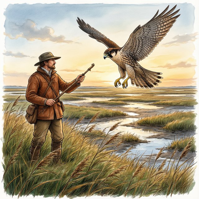 Ink-and-gouache illustration of an adult falconer releasing a hawk above a salt marsh, reeds bending in the wind and tidal pools catching sunset. Palette of rust, moss green, pale gold, and slate blue, with lively brushwork. — Qwen Image 3.0