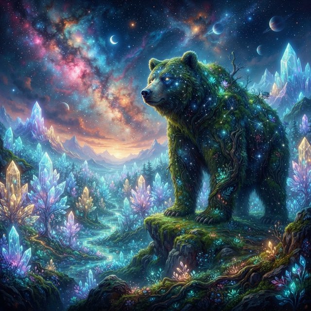 A colossal ancient bear, its fur woven with moss and starlight, stands at the edge of a shimmering, otherworldly forest. The trees are made of crystal and emit a soft, ethereal glow. In the distance, a nebula swirls in the twilight sky. The scene is rendered in a fantasy art style, with surrealist elements and cinematic lighting that emphasizes the majestic scale of nature. — Nano Banana 2 Lite