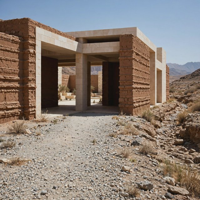 A contemporary desert visitor pavilion built from rust-colored rammed earth and pale limestone sits beside a dry wadi; deep shaded openings frame the courtyard. Hard midday sun, viewed from the gravel approach, crisp geometry and believable construction. — Muse Image 1.0