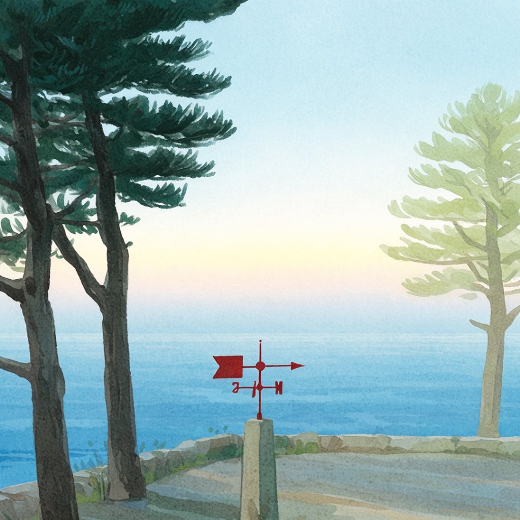 At a coastal overlook, a small red weather vane stands on a stone post. Exactly two dark-green pine trees line the left edge and one pale-green pine tree stands at the right edge; a blue sea fills the background, nothing else. — Krea 2 Large