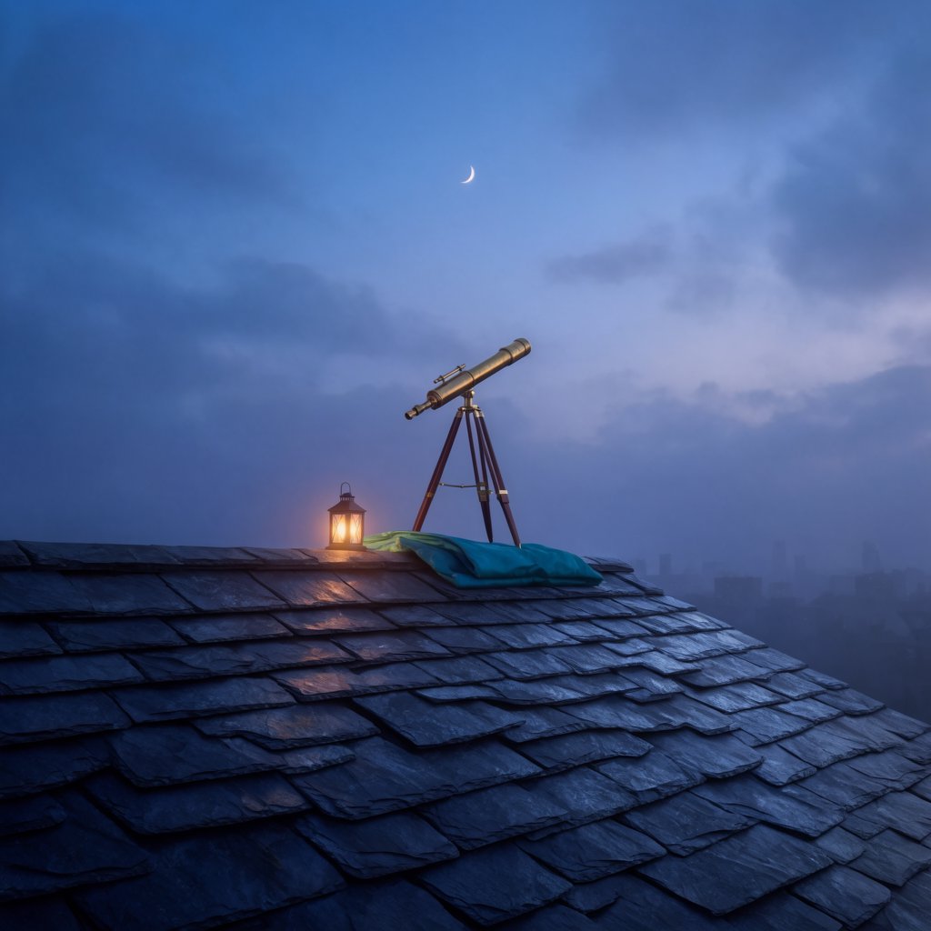 On a slate rooftop, exactly one brass telescope points east; one amber lantern sits to its left, one folded teal blanket lies beneath the tripod, and one pale moon hangs behind it in the clear sky, nothing else. — Krea 2 Large