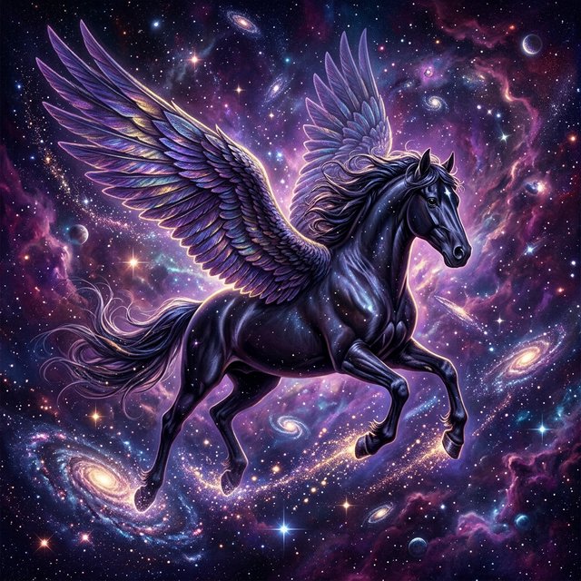 A majestic winged horse, with iridescent feathers and a coat like polished obsidian, is soaring through a celestial realm filled with nebulae and shimmering stardust. Around its hooves, tiny galaxies spiral outwards. The style is reminiscent of intricate fantasy illustration, with glowing, ethereal colors and a sense of deep cosmic wonder — Nano Banana 2.1