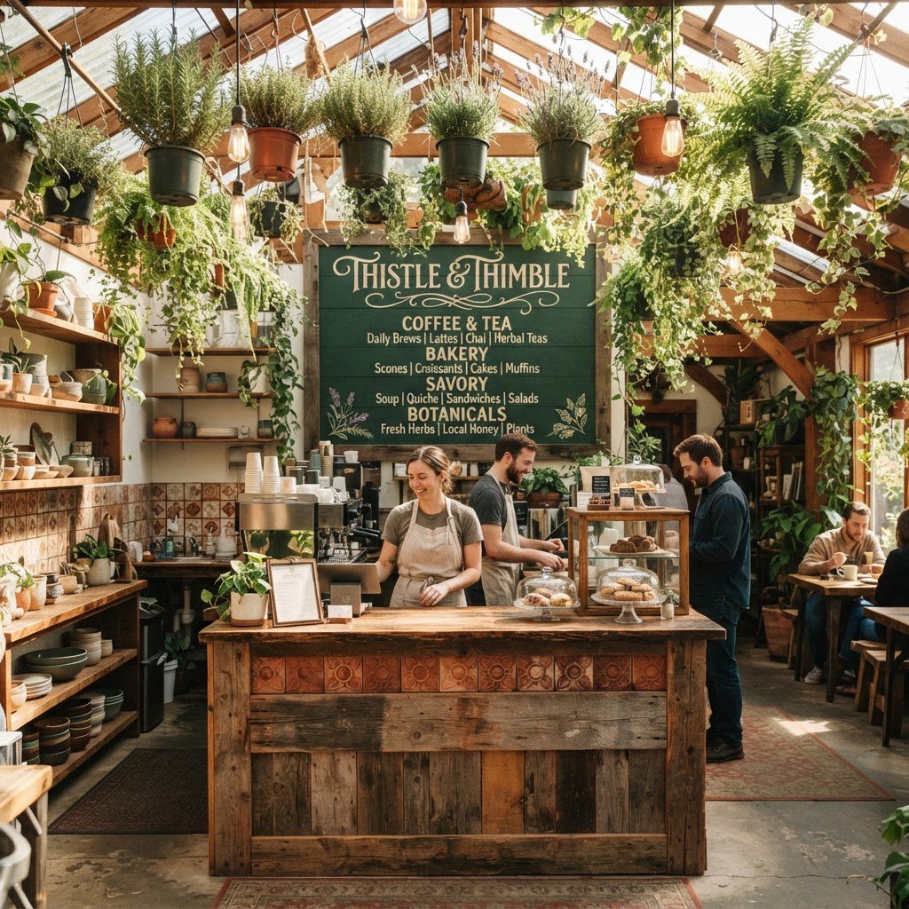 At a neighborhood greenhouse café, sunlight filters through hanging herbs above a tiled counter; "THISTLE & THIMBLE" is painted in hand-lettered cream script across a deep green wooden menu board. — Nano Banana 2 Lite
