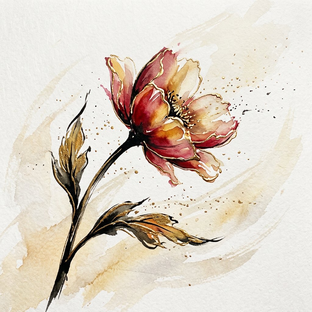 Gently sweeping forms emerge from long, subtle color transitions and soft contours. Bold ink strokes create resilient, confident edges that taper and densify in response to pressure. Raised, polished gold captures directional light in warm, metallic flashes. Luminous, rim-lit gradients blend wet-on-wet into floating patches of color, while a restrained palette of warm ochre, ivory, and deep crimson creates radiant, painterly highlights against a soft, atmospheric background. A flower in the summer wind. — Nano Banana 2.1