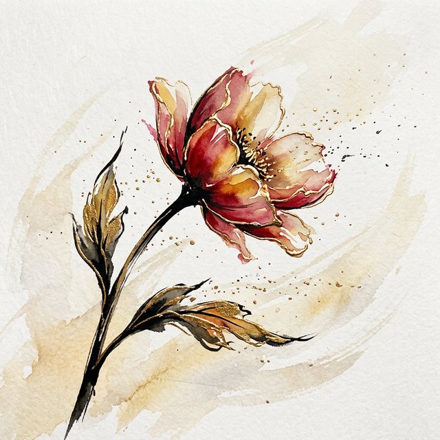 Gently sweeping forms emerge from long, subtle color transitions and soft contours. Bold ink strokes create resilient, confident edges that taper and densify in response to pressure. Raised, polished gold captures directional light in warm, metallic flashes. Luminous, rim-lit gradients blend wet-on-wet into floating patches of color, while a restrained palette of warm ochre, ivory, and deep crimson creates radiant, painterly highlights against a soft, atmospheric background. A flower in the summer wind. — Nano Banana 2.1