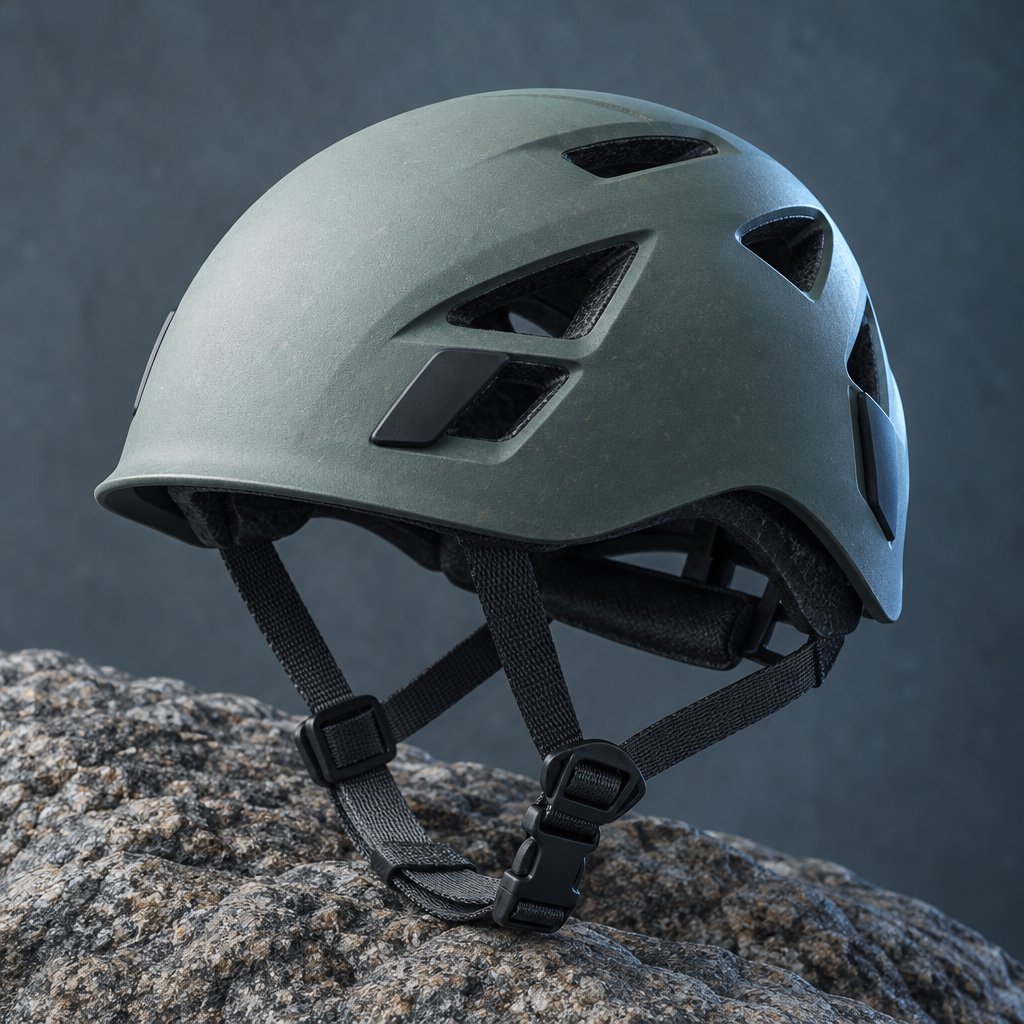 Against a muted slate backdrop, an unbranded climbing helmet with a matte recycled-polymer shell and woven nylon straps rests on rough granite; broad diffused key light and a cool rim light shape this commercial product image, with no lettering. — GPT Image 2.5 Flare