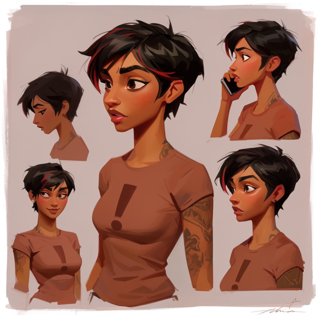 Character exploration sheet of the same 25-year-old Indian woman in several bust and waist-up studies, varied expressions and three-quarter views, one larger central portrait. Warm brown skin, black pixie haircut with red streaks, tattoos, tight T-shirt bearing an exclamation mark (!). Plain warm light-gray background, irregular painted edges. Stylized semi-realistic digital painting with animation-inspired proportions, large expressive eyes, strong brows, simplified anatomy and convincing volume. Minimal linework, soft blended facial shading, broad angular brushstrokes on clothing. Luminous warm brown skin with terracotta undertones, subtle blush, restrained highlights. Hair painted in sculpted masses with broad highlights and fine flyaways. Muted charcoal and earthy neutrals, soft directional studio lighting, detailed eyes and lips, loose edges and unfinished brushwork. — Krea 2 Large