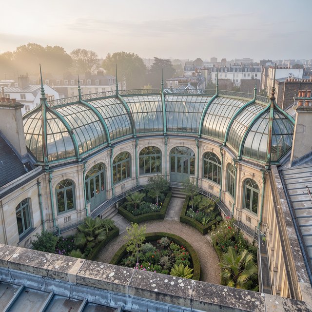 From a nearby rooftop, an Art Nouveau conservatory curves around a planted courtyard, its green copper ribs, clear glass, and pale stone base catching hazy morning light; orderly rooflines and believable supports show from above. — FLUX 3 Image