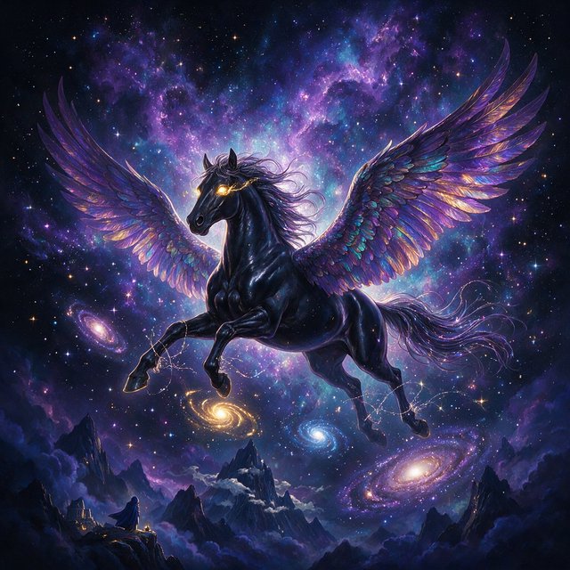 A majestic winged horse, with iridescent feathers and a coat like polished obsidian, is soaring through a celestial realm filled with nebulae and shimmering stardust. Around its hooves, tiny galaxies spiral outwards. The style is reminiscent of intricate fantasy illustration, with glowing, ethereal colors and a sense of deep cosmic wonder — Seedream 5.0 Pro