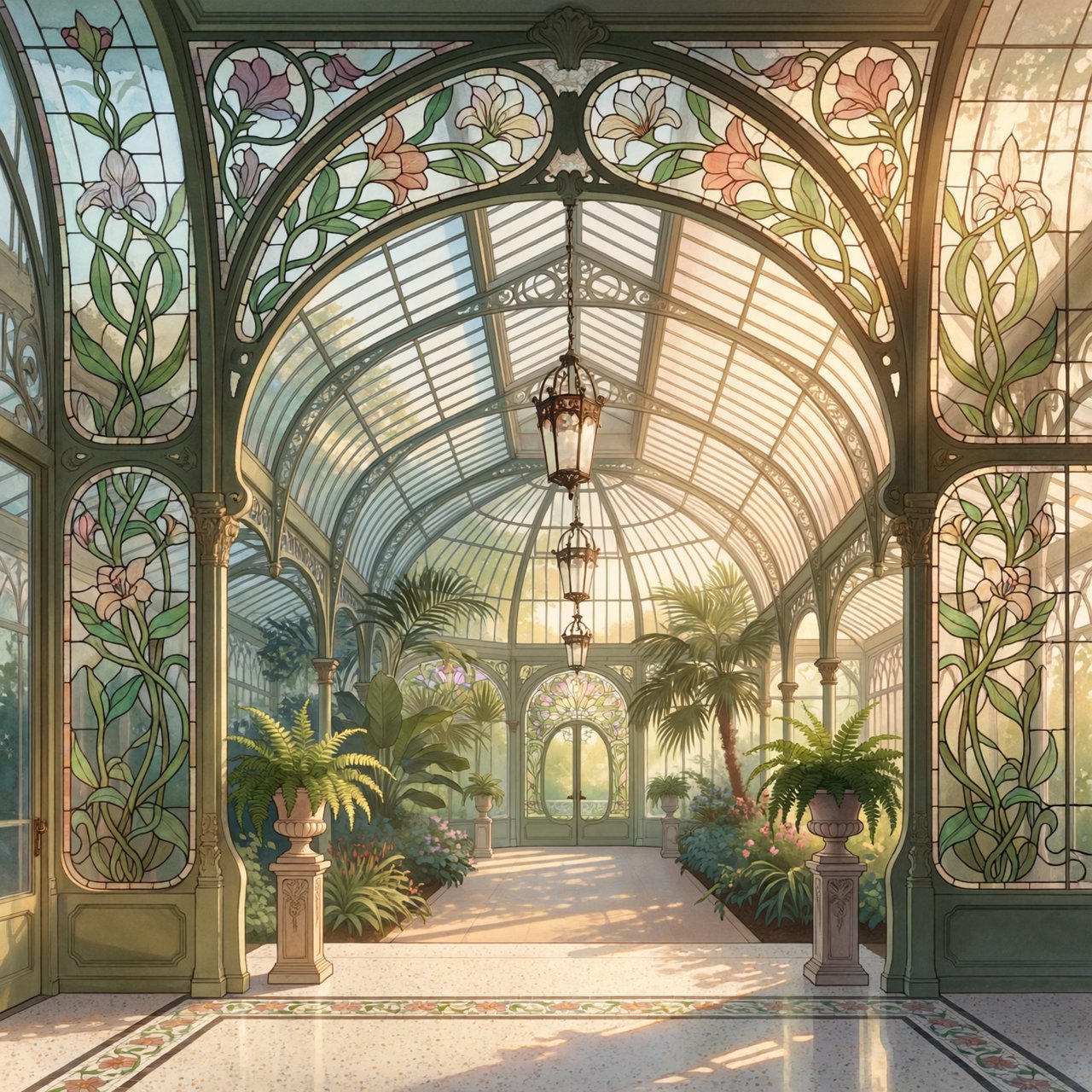 Interior of an Art Nouveau winter garden, curved iron ribs, cream terrazzo floor, hand-painted botanical glass panels, filtered late-afternoon sunlight, viewed from the entrance along the central axis, elegant geometry and believable load-bearing structure. — ImagineArt 2
