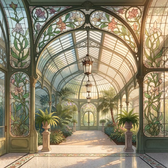 Interior of an Art Nouveau winter garden, curved iron ribs, cream terrazzo floor, hand-painted botanical glass panels, filtered late-afternoon sunlight, viewed from the entrance along the central axis, elegant geometry and believable load-bearing structure. — ImagineArt 2