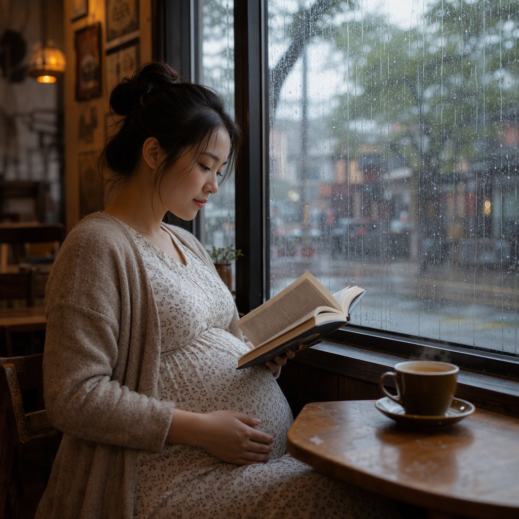 Photorealistic cinematic scene of a pregnant Chinese woman sitting in a cozy café by the window, reading a book. She appears calm, gentle, and thoughtful, with one hand resting naturally near her belly. On the table beside her is a cup of coffee, softly steaming. Outside the large window, heavy rain pours down, with streaks of water on the glass and a blurred rainy street beyond. The café interior is warm and inviting, with soft ambient lighting, wooden textures, and a peaceful atmosphere that contrasts with the storm outside. The composition should feel intimate, emotional, and serene, with the woman as the clear focal point. — GPT Image 2