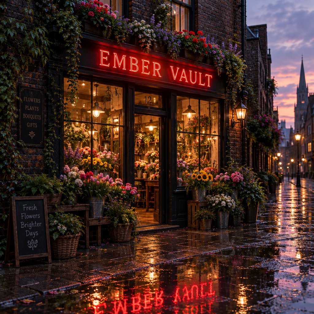 At dusk, a narrow flower shop with rain-dark brick, overflowing window boxes, and warm interior light; the invented name "EMBER VAULT" is rendered in red neon tubing above the entrance, reflected in puddles. — GPT Image 2.5 Flare