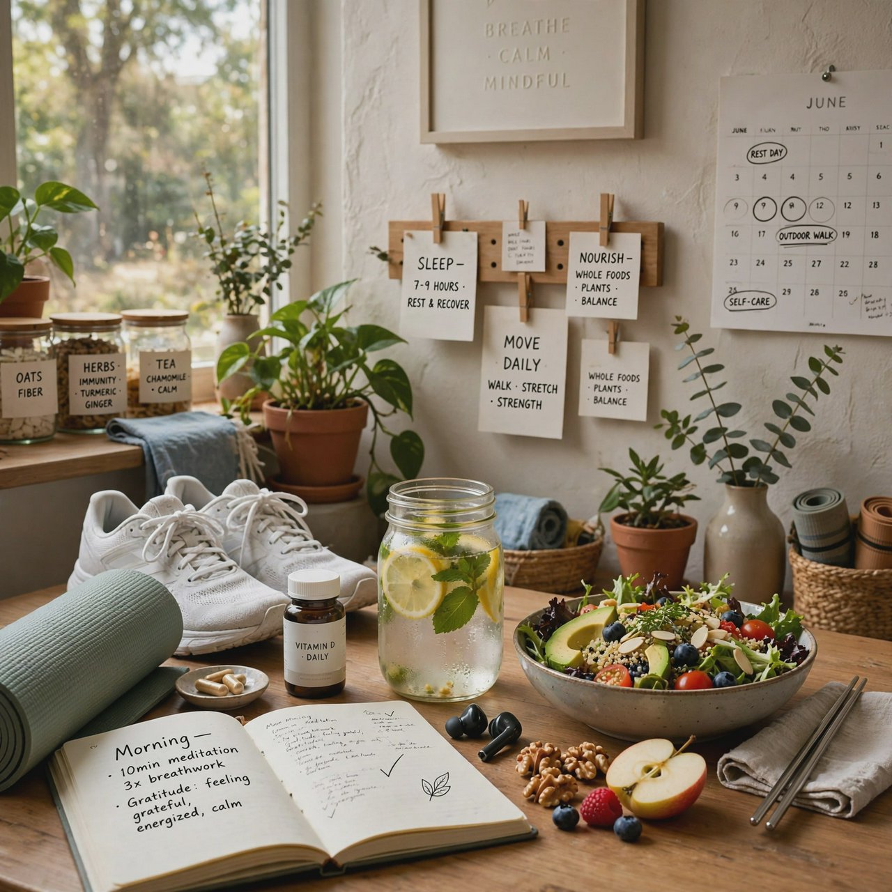 Realistic image depicting great health in many ways. In the background, words related to health are hidden in plain sight. — Muse Image 1.0