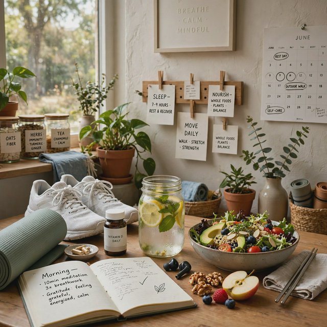 Realistic image depicting great health in many ways. In the background, words related to health are hidden in plain sight. — Muse Image 1.0