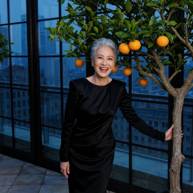 At a quiet rooftop conservatory, an adult woman in her early sixties wears a long-sleeved black evening gown, caught laughing softly beside a citrus tree as blue-hour light spills through the glass; poised styling brings fashion-magazine polish. — Model 10