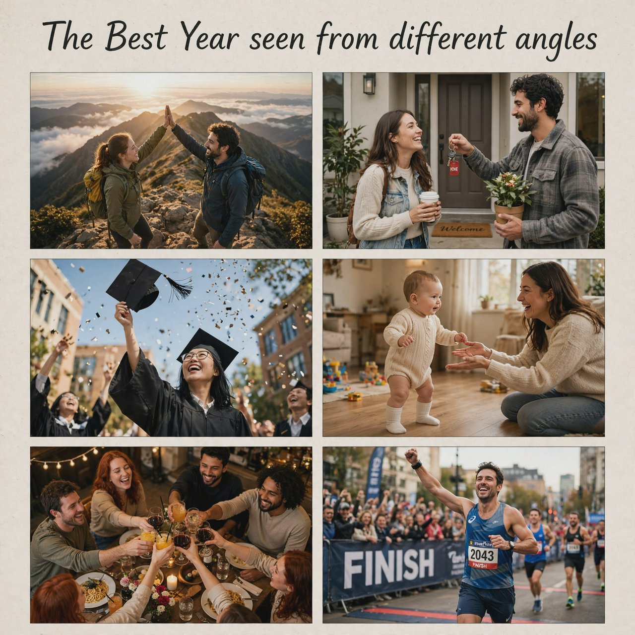 A realistic image where the theme is all about people having the best year ever. 4–6 moments seen from different angles. At the top it says, "The Best Year seen from different angles". — Muse Image 1.0