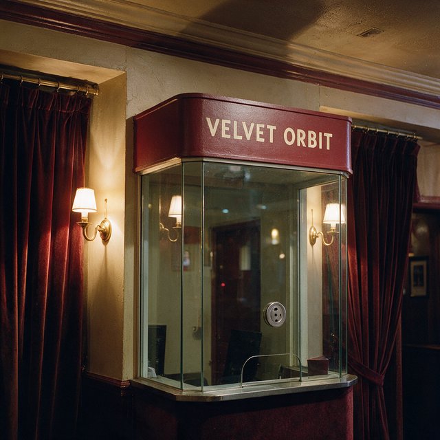 In a restored neighborhood cinema, brass sconces illuminate velvet curtains and a glass ticket booth; "VELVET ORBIT" is painted in ivory block letters across the booth’s burgundy fascia. — Seedream 5.0 Pro