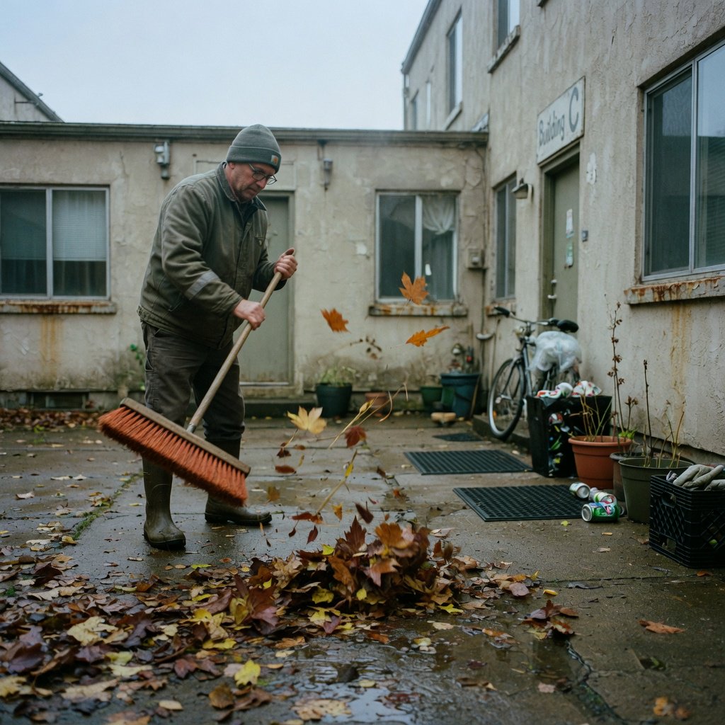 Candid documentary photograph of an adult groundskeeper sweeping damp leaves from an apartment courtyard, pale overcast morning light, 35mm lens with moderate depth of field, a few leaves caught midair in motion blur. — Grok Imagine Image Quality