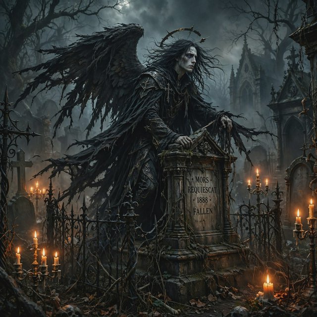 A majestic fallen angel with wings like a dark, tattered cloak, poses dramatically on a crumbling, Victorian-era inspired graveyard tomb, surrounded by twisted, black ironwork and flickering, orange candelabras, as if plucked from a haunting, nightmare. — Muse Image 1.0