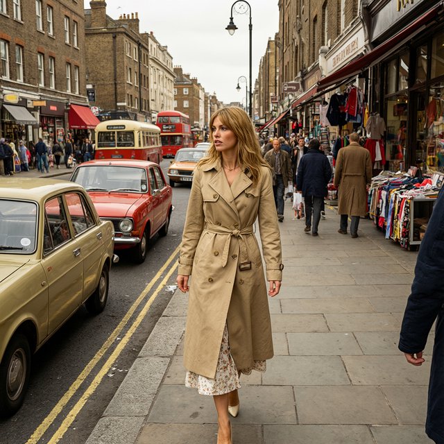 A glamorous woman walking down a busy UK high street in 1977. There are cars, buses and shops full of merchandise. Something surprising catches her eye. — Qwen Image 3.0 Pro