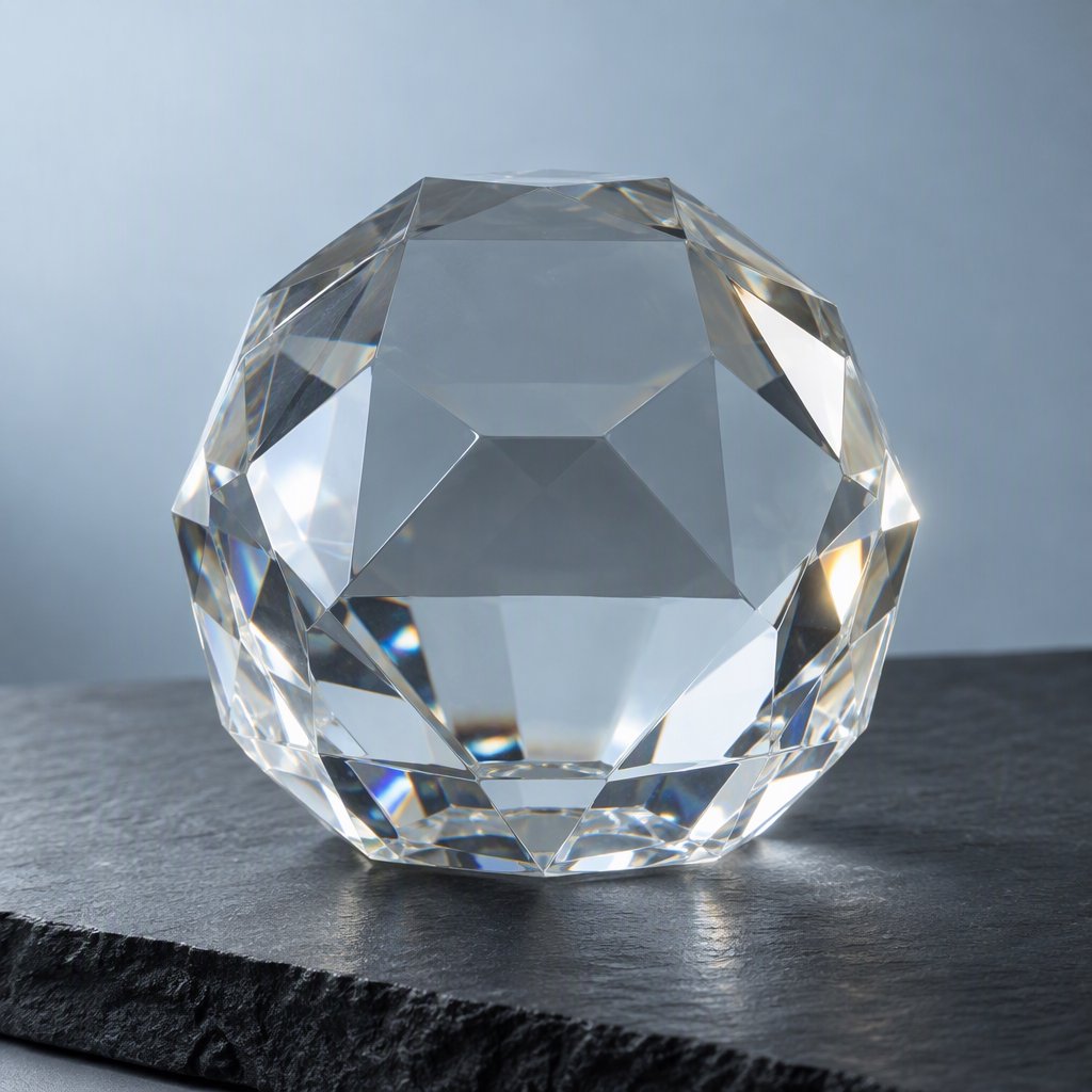 An unbranded, unmarked faceted optical-glass paperweight rests on charcoal slate against a pale blue-gray background; broad diffused studio light and a narrow side highlight reveal crisp internal refractions and bright edge reflections. — GPT Image 2.5 Sunburst