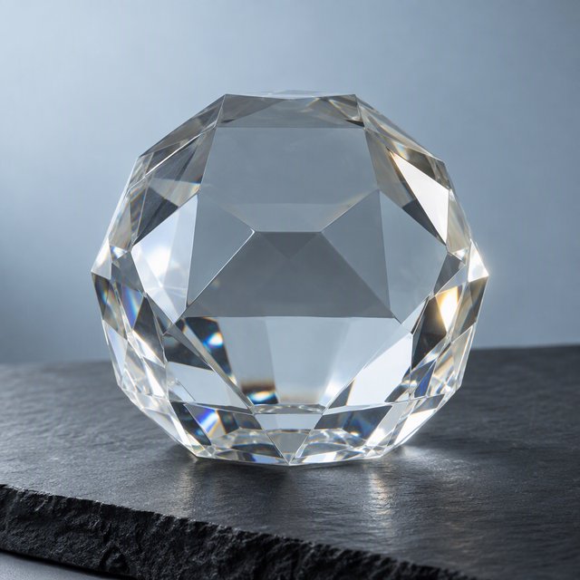 An unbranded, unmarked faceted optical-glass paperweight rests on charcoal slate against a pale blue-gray background; broad diffused studio light and a narrow side highlight reveal crisp internal refractions and bright edge reflections. — GPT Image 2.5 Sunburst