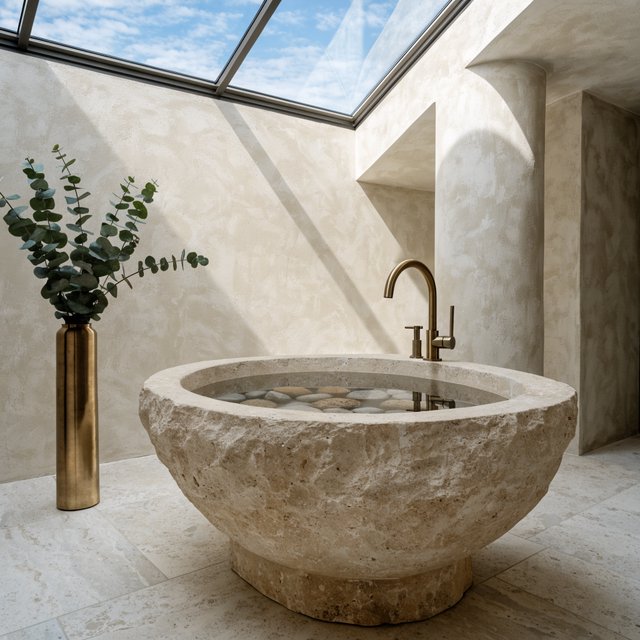 A spa bathroom with a stone tub, a skylight, plaster walls in warm white, eucalyptus in a vase, soft shadows. — Recraft v4