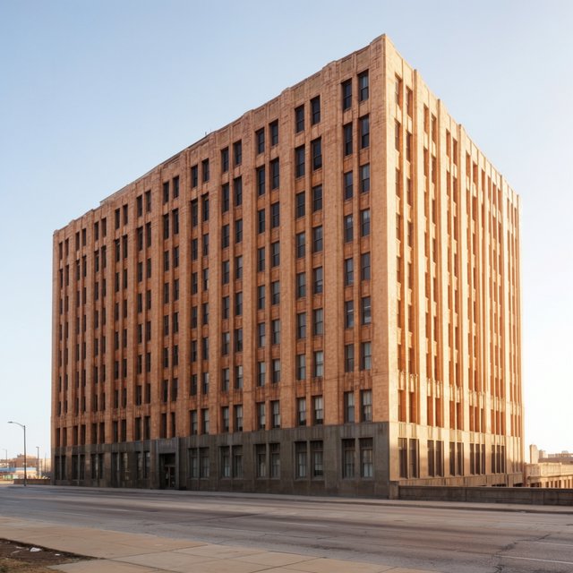 Exterior of a Chicago School office tower, with a visible steel-frame grid, warm terra-cotta cladding, broad rectangular windows, and a flat roofline; clear afternoon light, viewed from across a city street, with precise verticals and believable construction. — Krea 2 Large
